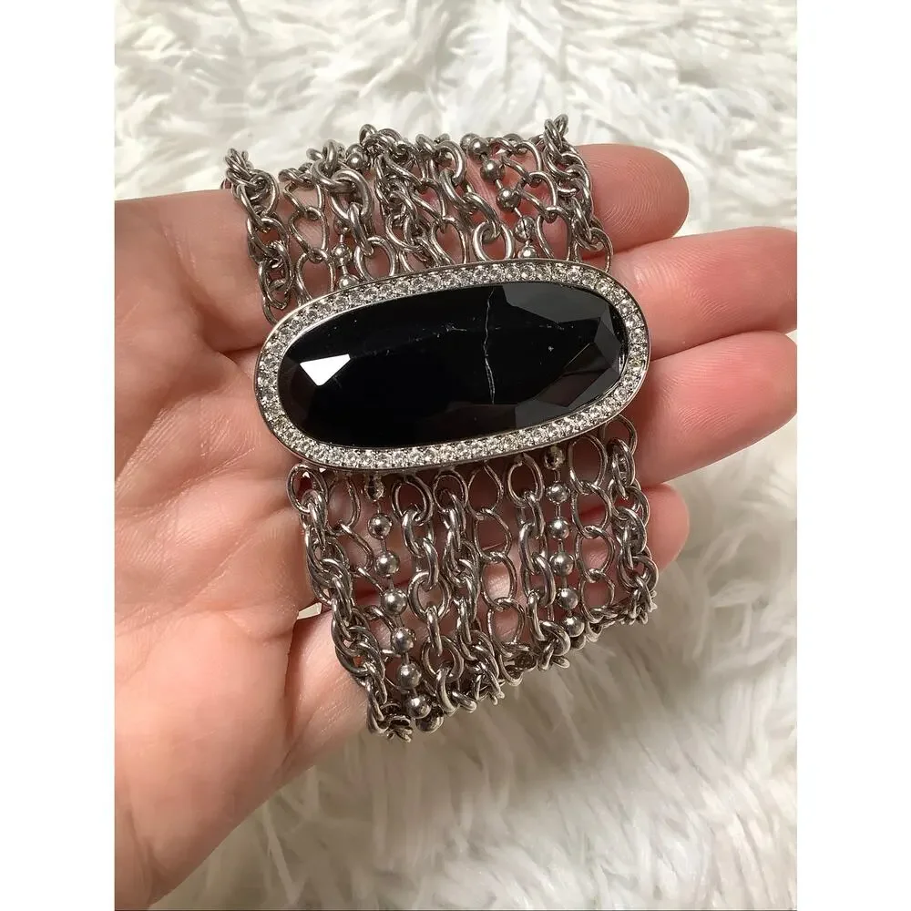 Betsey Johnson Silver Tone Multi Chain Black Rhinestone Watch Bracelet F17-27